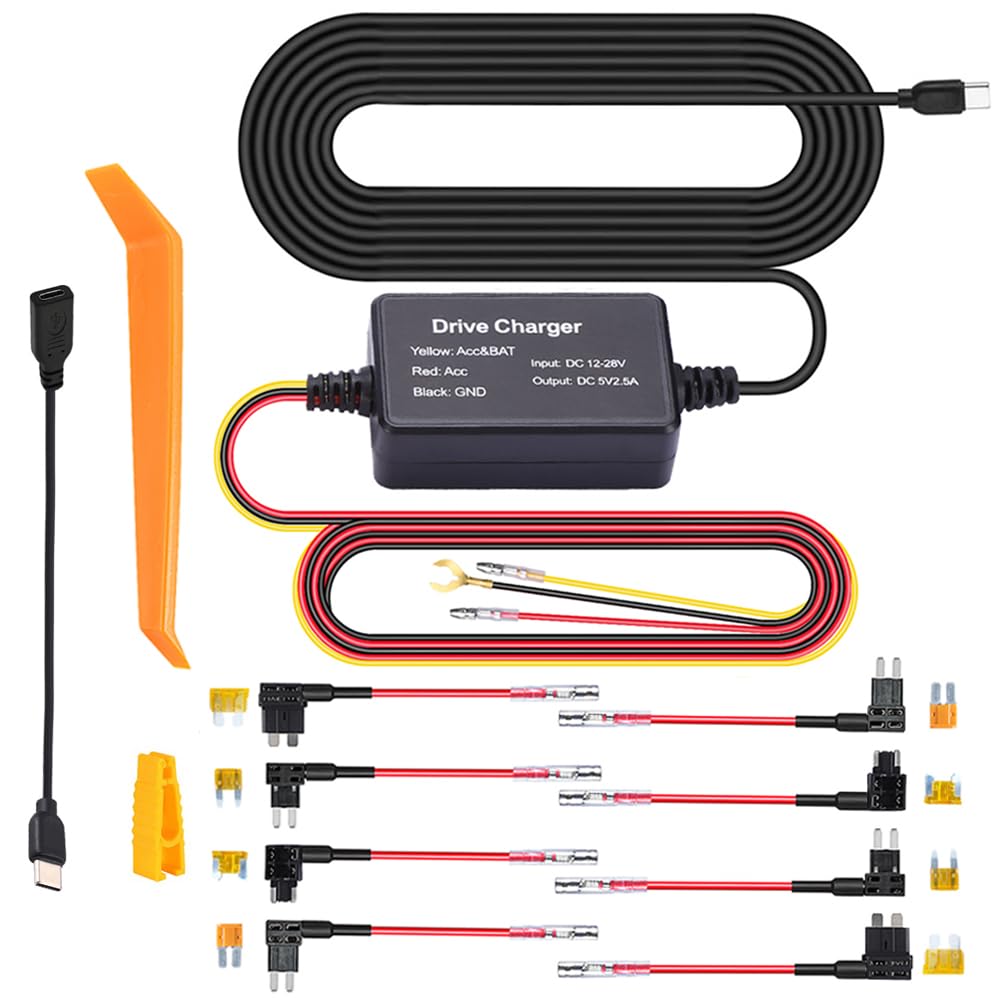 Dash Cam Hardwire Kit,12V-24V to 5V Car Dash Camera Charger Power Cord, Gift 4 Fuse Tap Cable and Installation Tool