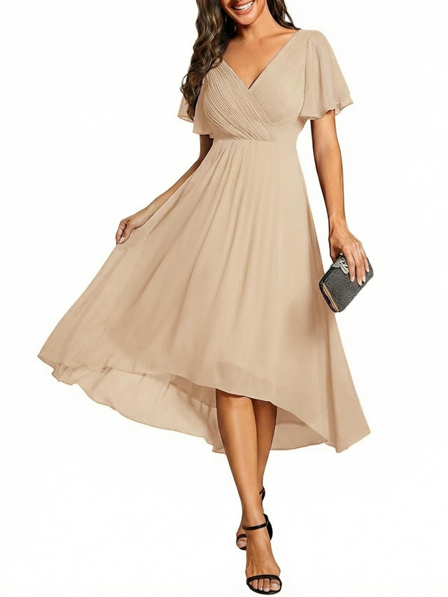 Ever-Pretty Women's Summer Chiffon Formal Wedding Guest Dresses Pleated V-Neck Short Sleeves Cocktail Dress 01923
