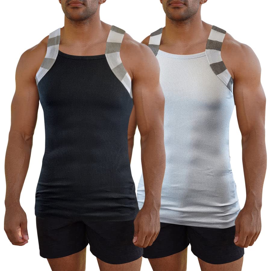 Different Touch2 Pack Men Square Cut Two Tone Trim Tank Top