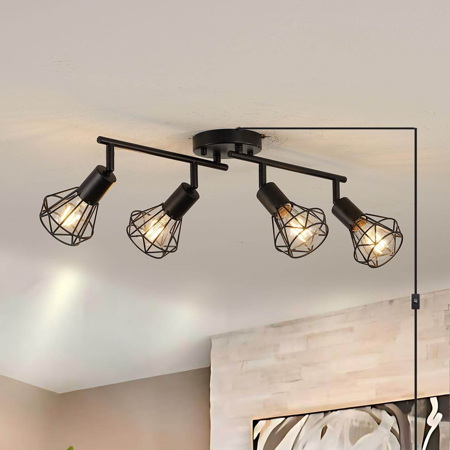 4 Light Plug in Track Light Adjustable Kitchen Track Lighting Fixture Ceiling 19.6tf Long Cord with On/Off Switch Flexible Black Farmhouse Track Lighting