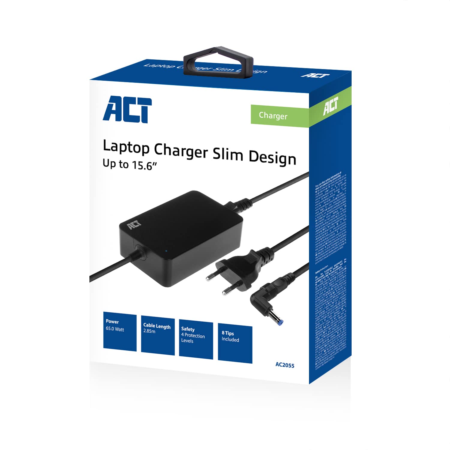 Act Cargador Delgado Universal para Ordenador portátil, 65 W, 8 Unidades (portátiles de hasta 15,6 Pulgadas), Longitud de Cable de 2,85 m – AC2055