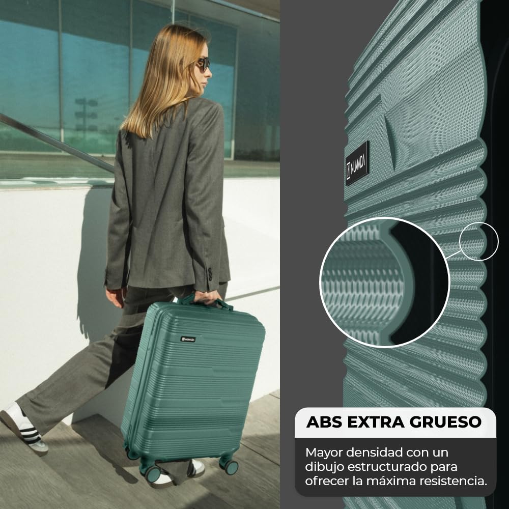 NUMADA - Maleta de Viaje Cabina 55x40x20cm (38,4L) Upfly T10 XS Apta para Ryanair con Cierre de Combinación y 4 Ruedas. Maleta de Mano Rígida Resistente, Ligera con Interior Compartimentado | Verde
