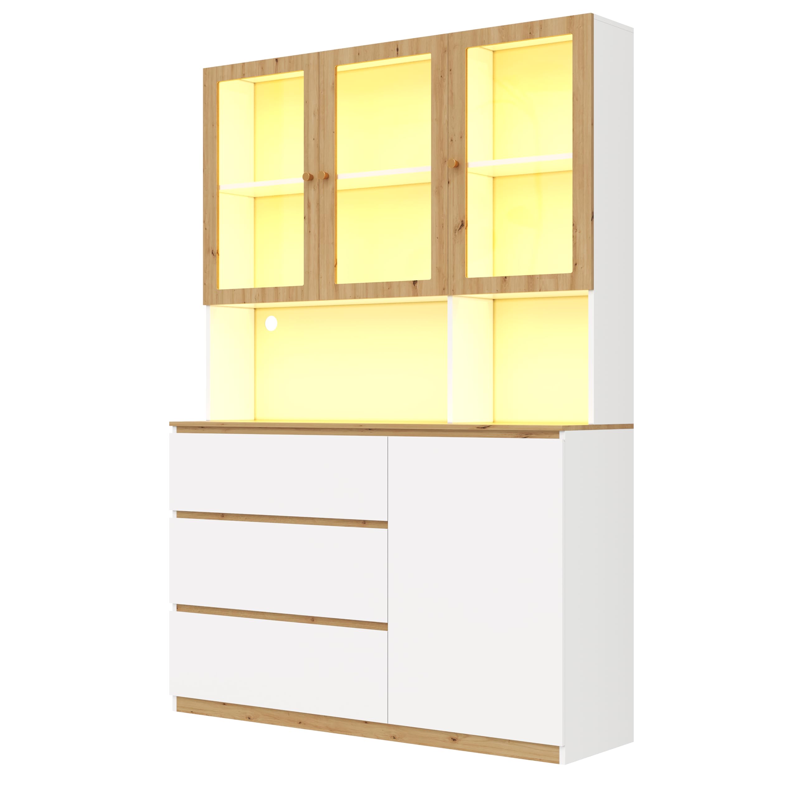 Merax Vitrine Hochschrank mit LED 120×24,5×200 cm, Glasvitrine mit 3 Schubladen und Tür, offenes Fach mit Kabelmanagement, Standmöbel für Wohnzimmer Esszimmer Küche, Weiß+Holzfarbe