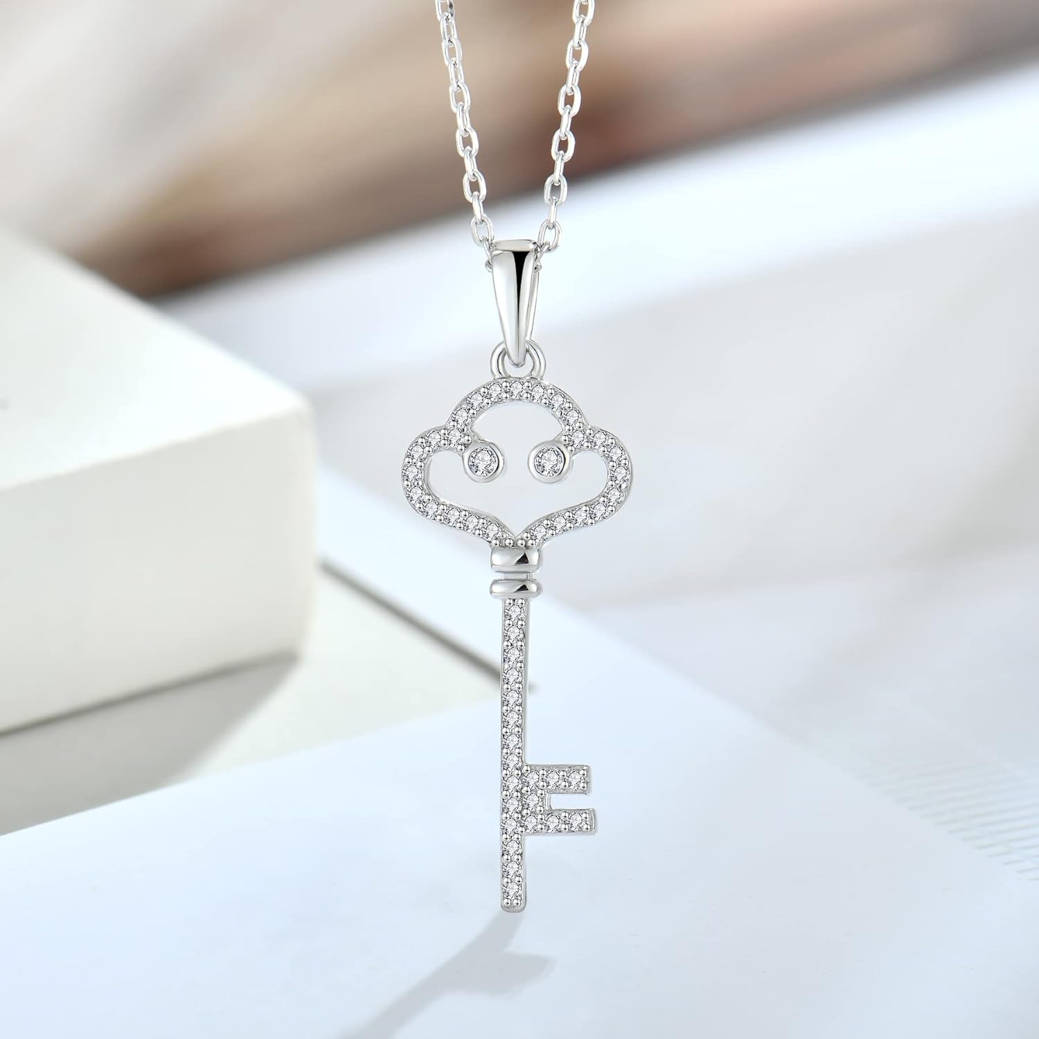 Women Necklace 925 Sterling Silver Heart Key Pendant Necklace with Cubic Zirconia Jewelry - Image 4