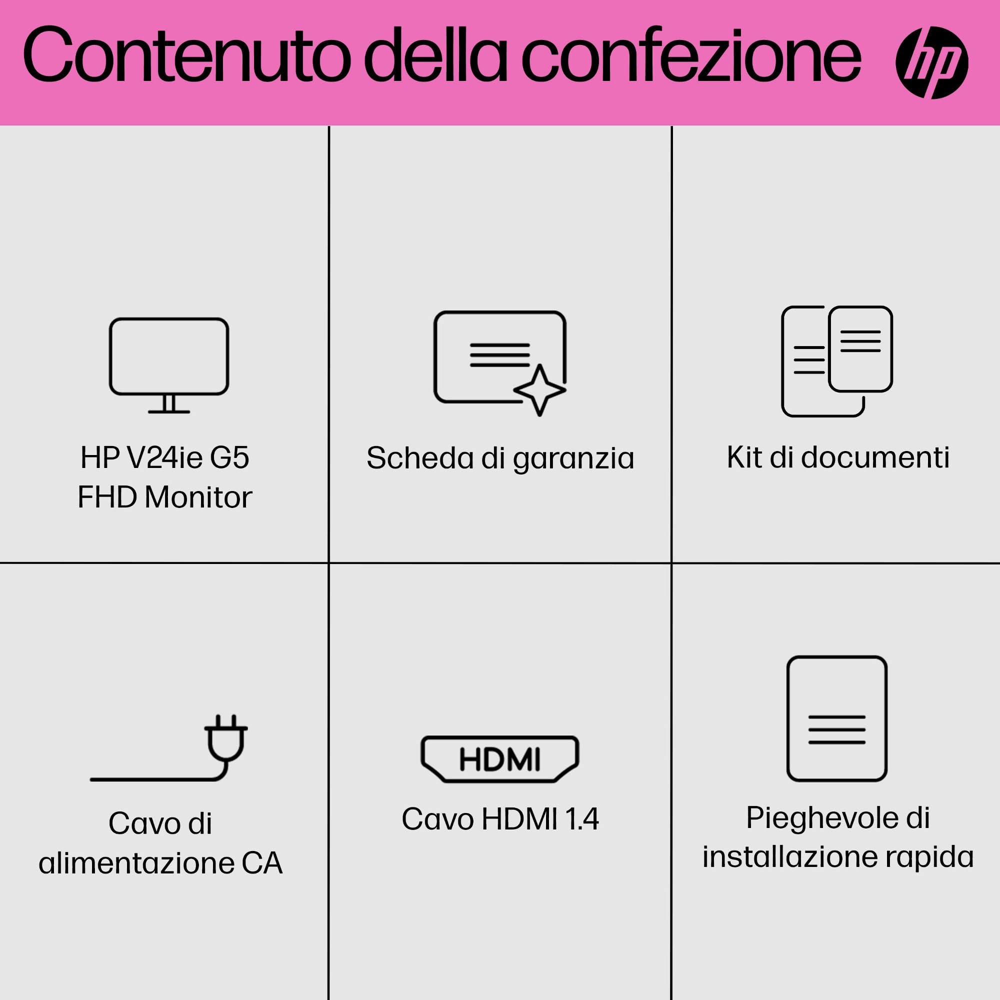 HP V24iE G5 Monitor Full HD da 24" (1920 x 1080, 75 Hz, 5 ms, IPS, 16:9), AMD FreeSync, luce blu bassa, HDMI, VGA, DisplayPort, Joypad OSD, antiriflesso, inclinazione regolabile, nero
