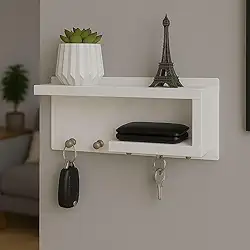 Porta Chaves de MDF com Prateleiras e Ganchos (Branco/Freijó)