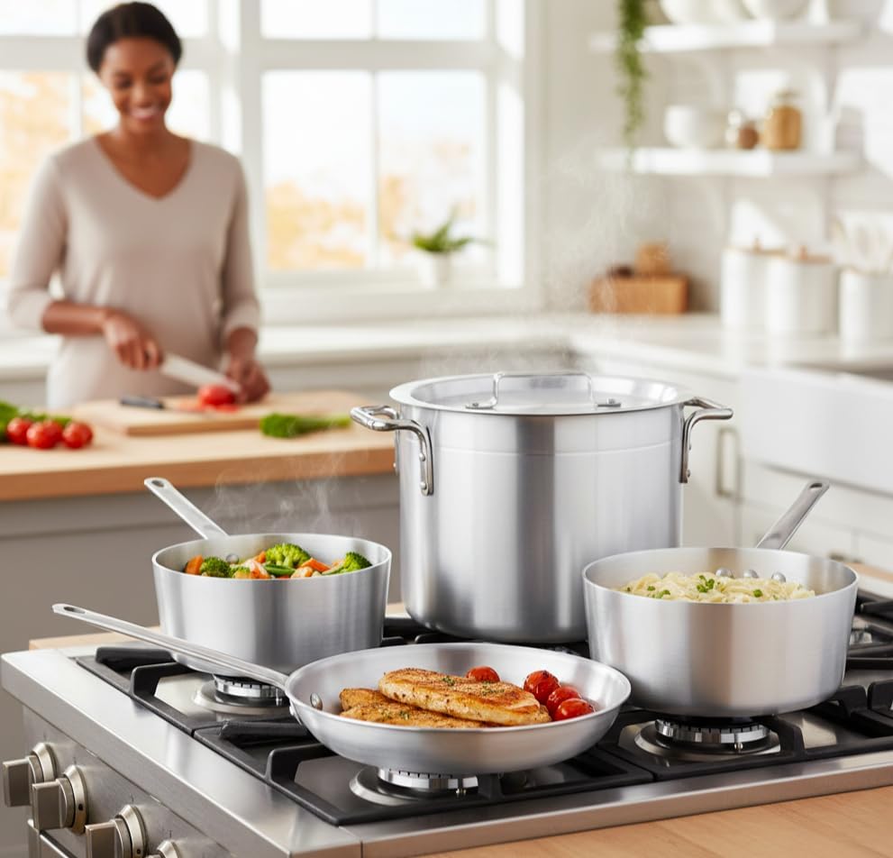 Miniatura 7 de Juego de utensilios de cocina de aluminio de 5 piezas, incluye sartenes de 2.75 cuartos de galón y 3.75 cuartos de galón, olla de 8 cuartos con tapa