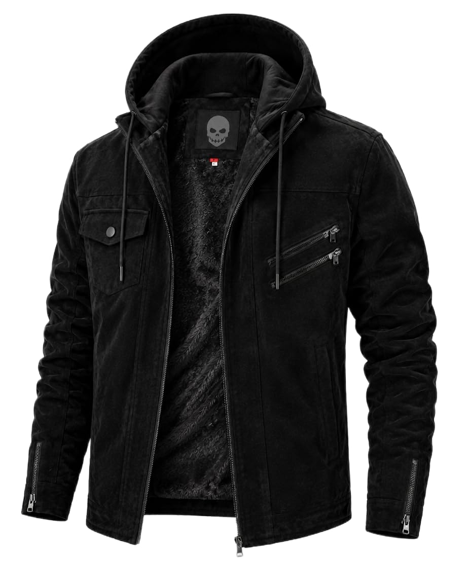 blaq ash Men's Suede Biker Jacket, Black, with Removable Hood, Fleece Lined, Zip Closure-picture-46
