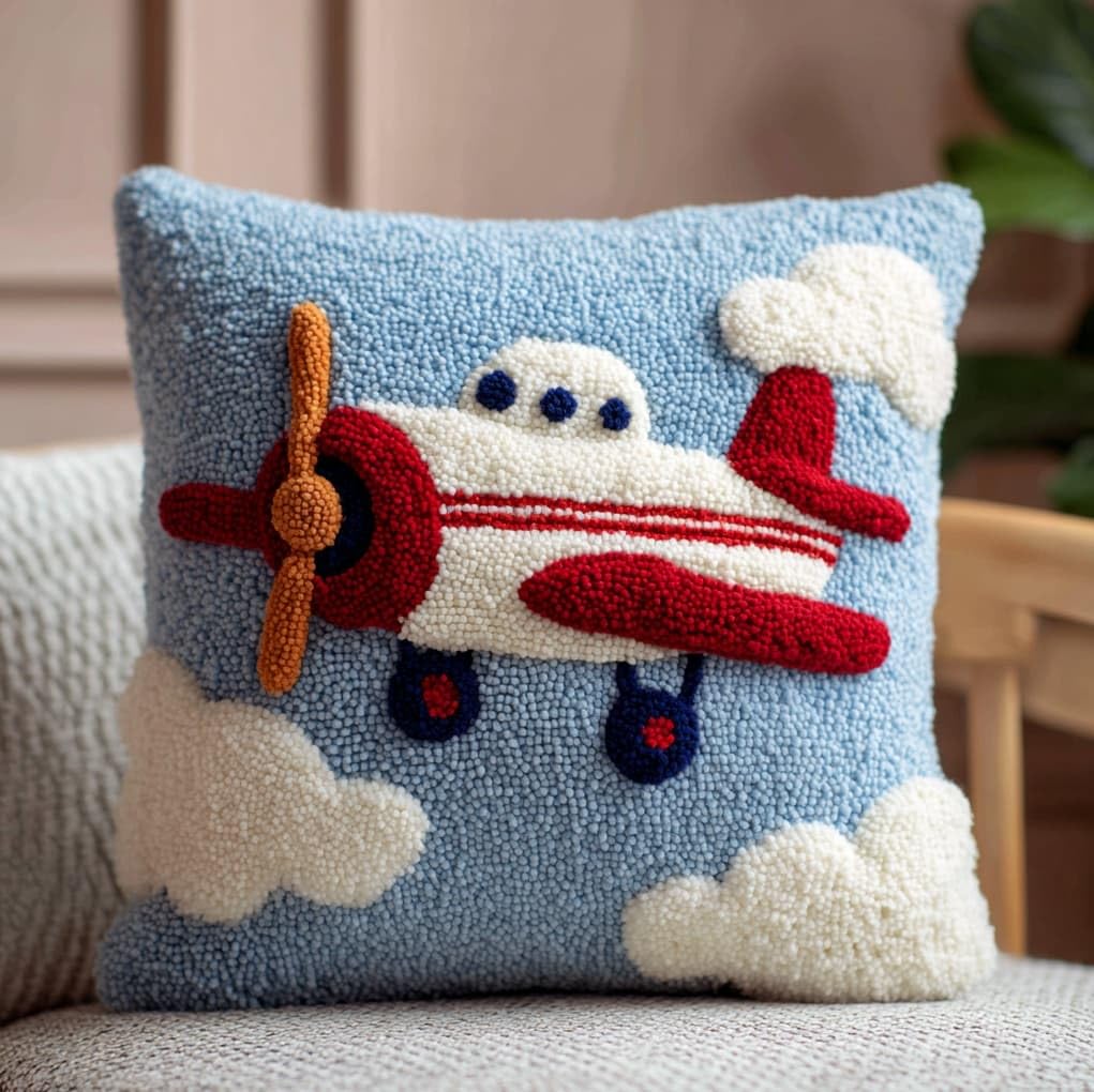 Wallustrioaw Simple Cartoon Airplane Latch Hook Kits Pillow Printed Cushion,