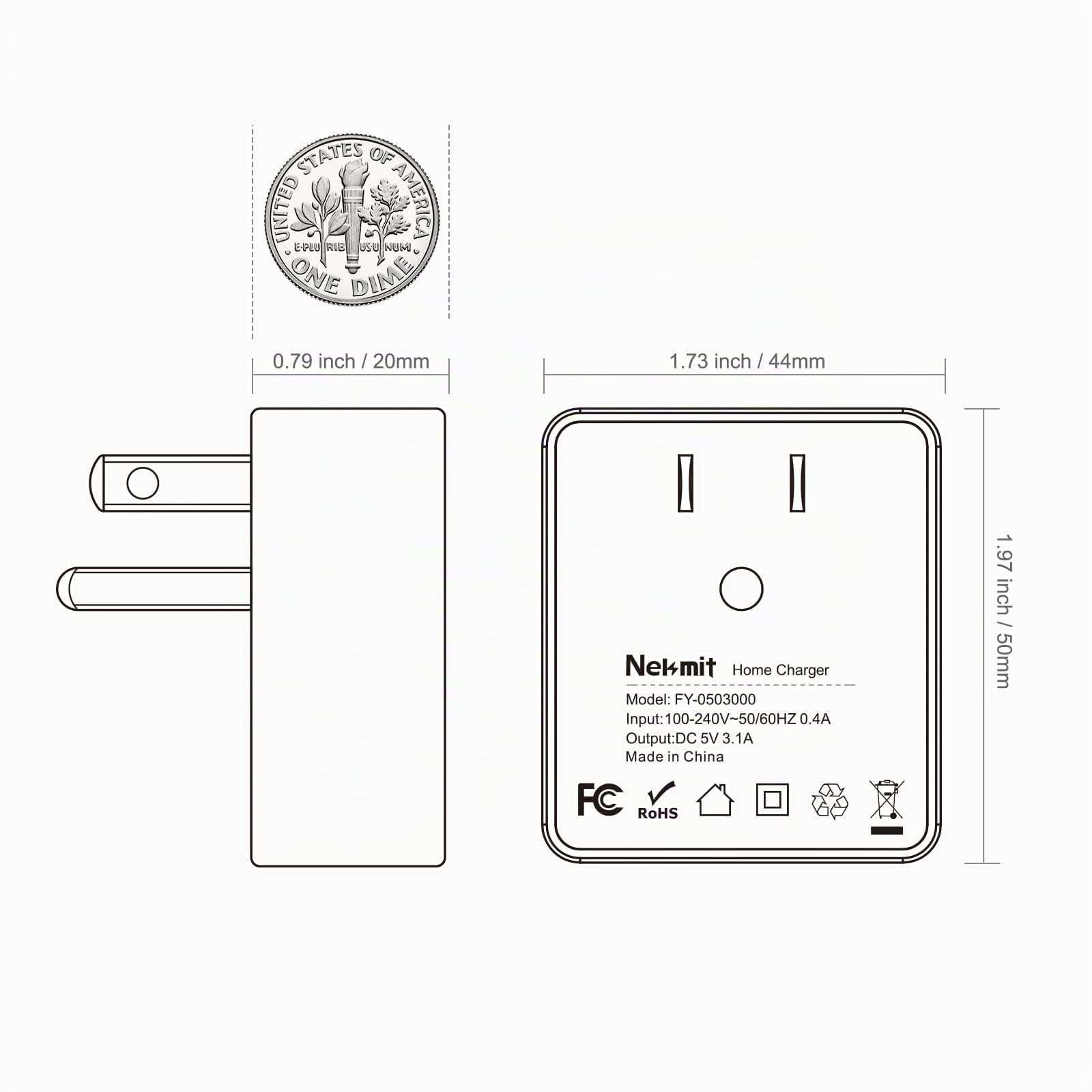 Nekmit Cargador de pared USB plano ultrafino de doble puerto con IC inteligente, color blanco