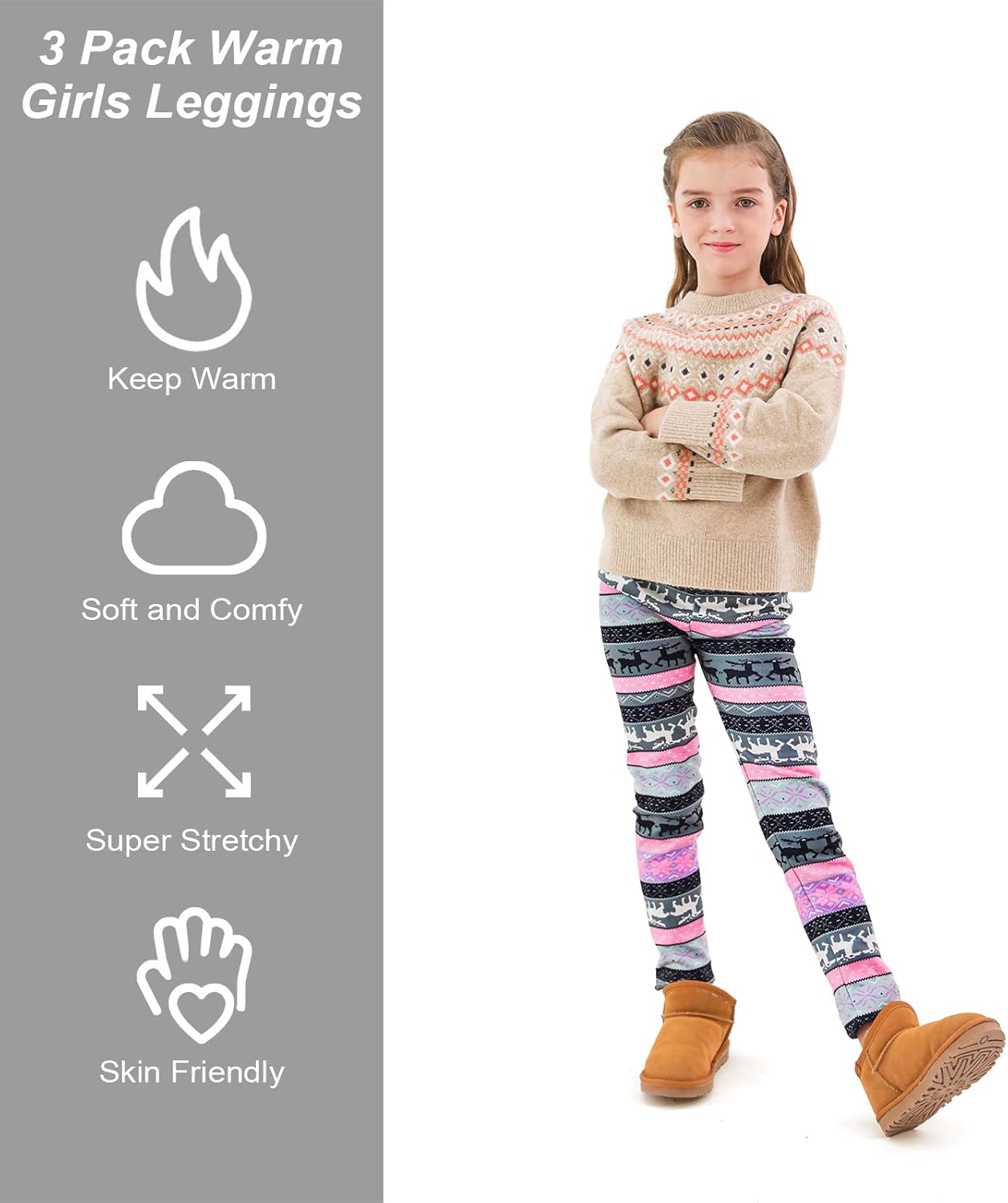 TODDOR 3 Pack Girls Printed Fleece Lined Leggings Thick Thermal Tights Warm Ankle Length Pants Winter Clothes for Kids - Image 3