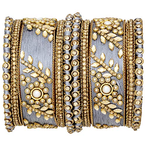 Image of Peora Designer Silk Thread Grey Floral Bangle Set Bridal Chuda Chura Jewellery for Women (2.8 inch)