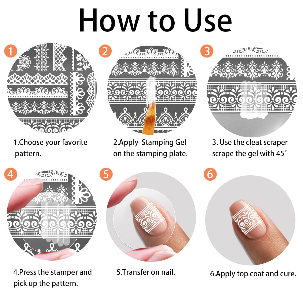 PH PandaHall 3pcs Lace Trim Nail Stamping Plates Flower Lace Nail Art Templates Retro Texture Manicure Stamper French Tip Nails Plates with Stamper and Scraper for Women DIY Manicures Salon Design