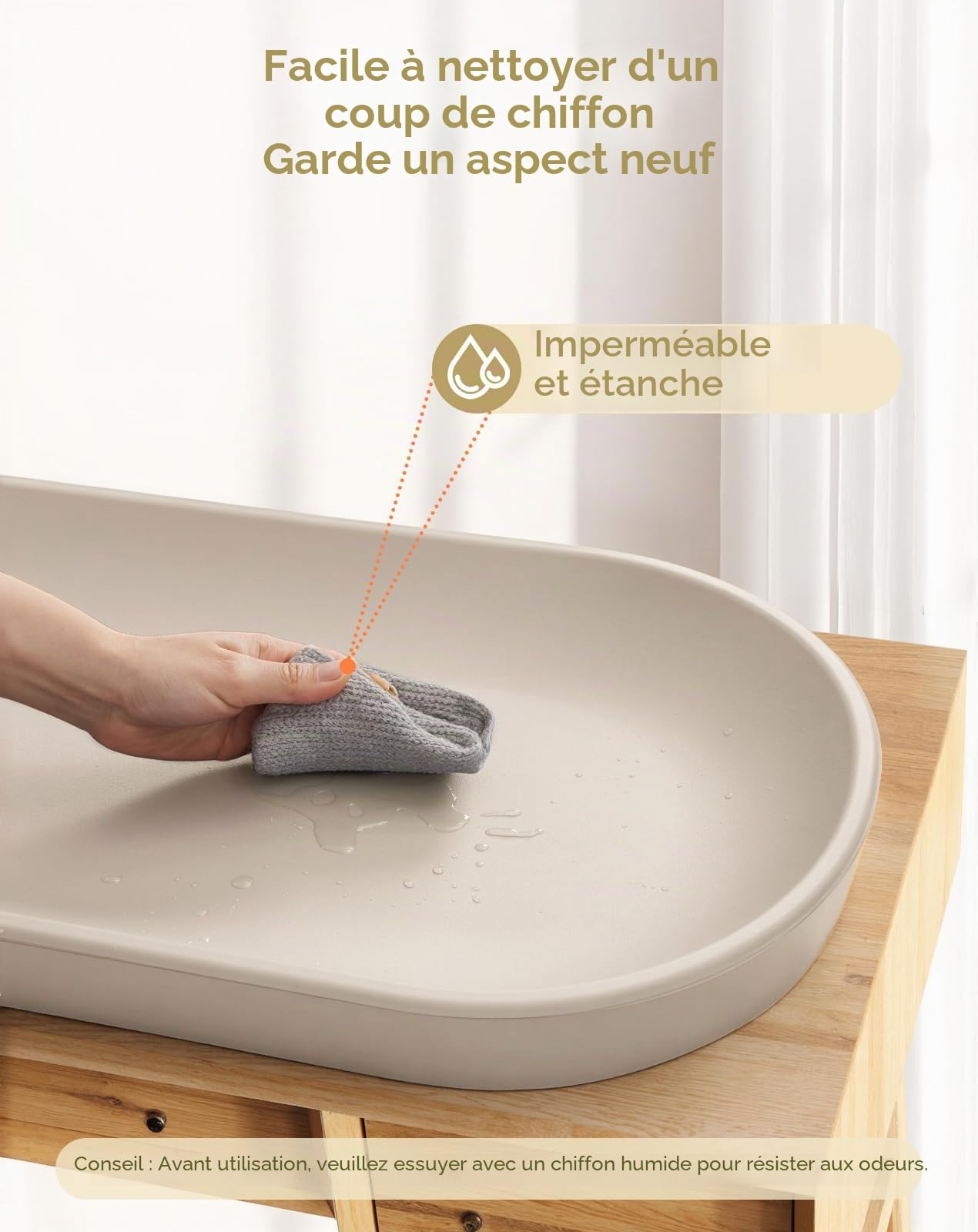 COMOMY Matelas à langer imperméable, anti-roulement, avec sangle de sécurité, facile à nettoyer, 72,5 x 36 cm, pour commode et table, couleur avoine
