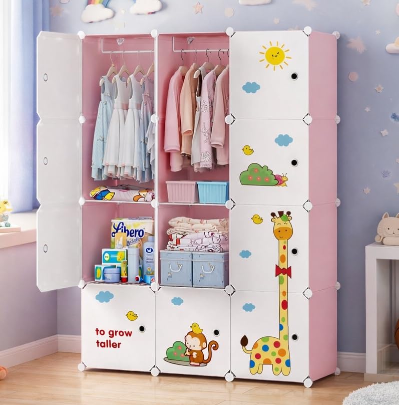 Plastic Wardrobe for Kids Clothes – Durable, Easy to Use Anti-Skid & Non-Slip Effective Professional Collapsible Wardrobe, Plastic Cupboard for Kids, Foldable Almirah (Pink-R5, 12 Door)