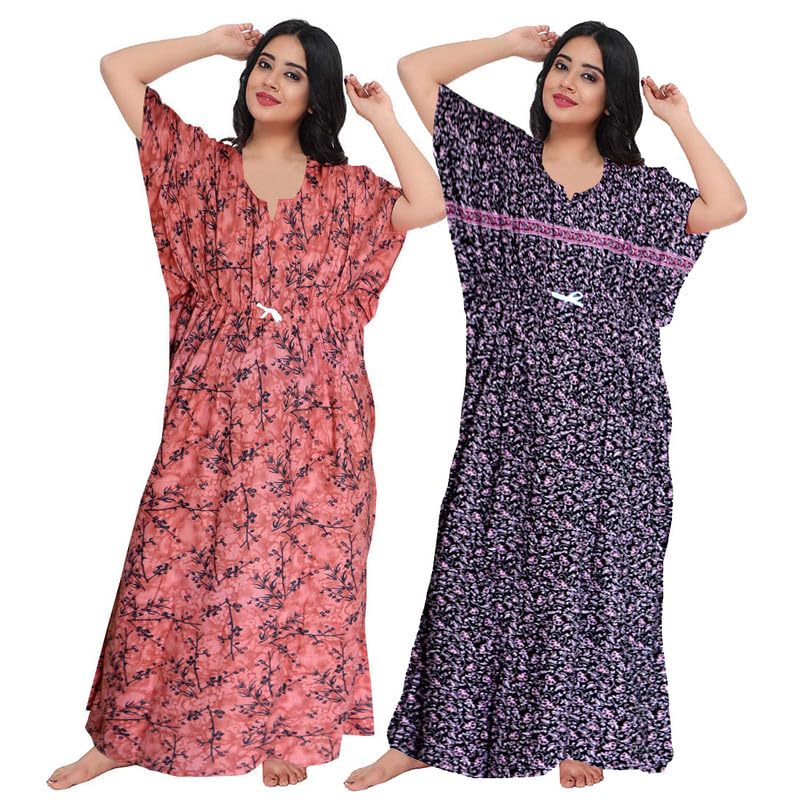 Bee Enterprises Women Casual Floral Printed Multicolor Night Wear Gown/Free Size Kaftan/Cotton Kaftan Nighty Pack of 2_KFN8-picture-48
