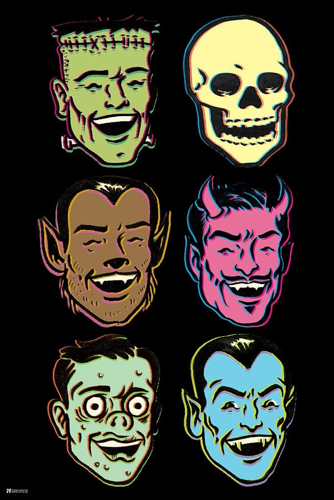 Monster Party Laughing Monster Faces Retro Vintage Classic Horror Spooky Halloween Decorations Cool Psychedelic Trippy Hippie Decor UV Light Reactive Black Light Eco Blacklight Poster for Room 12x18