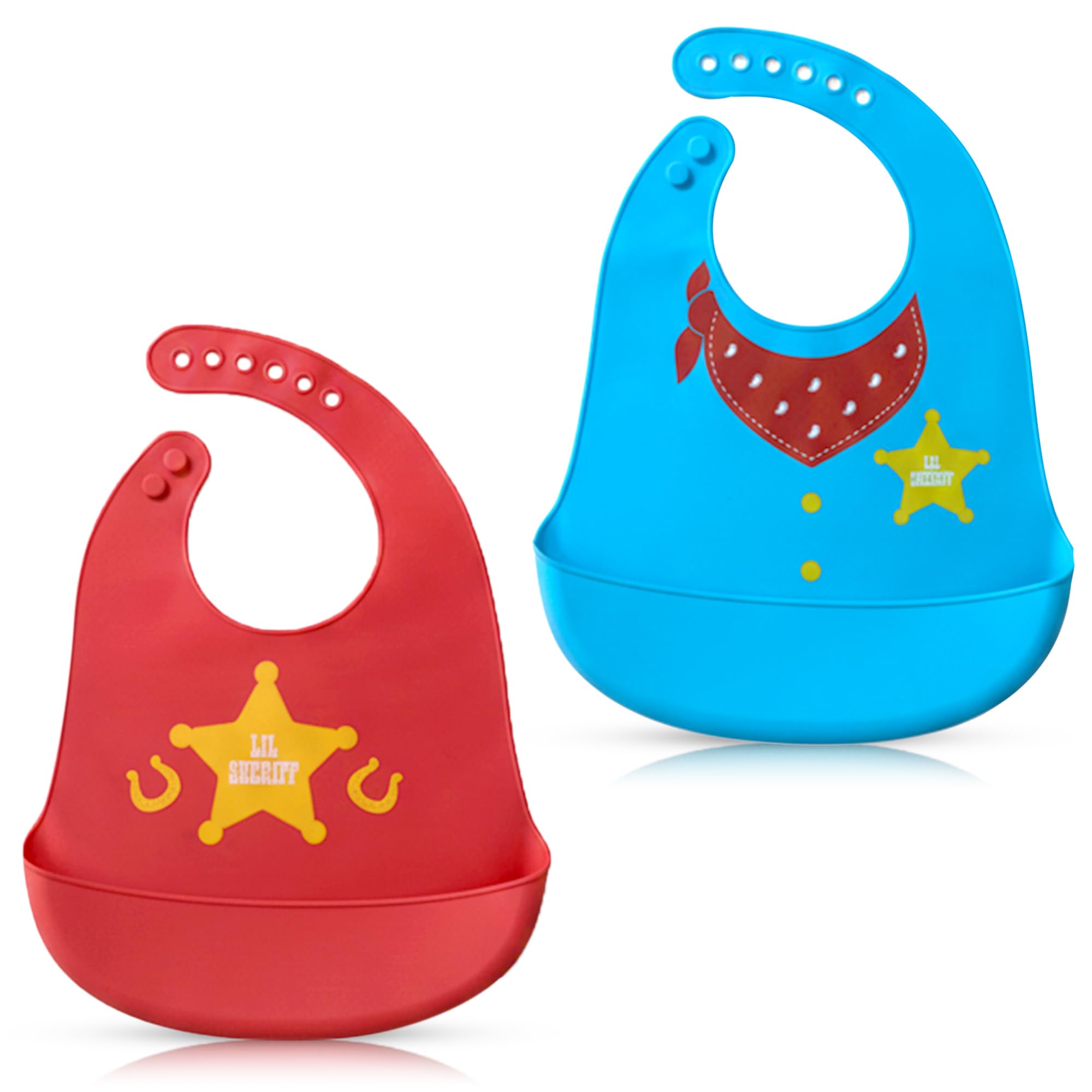 GLUN® 2 Piece Silicone Bibs with Food Catcher Pocket, Blue & Red Printed, Adjustable Button Clouser Easily Wipes Clean Comfortable Soft Baby Bibs, Less Time Cleaning after Meals with Babies or Toddlers-picture-17