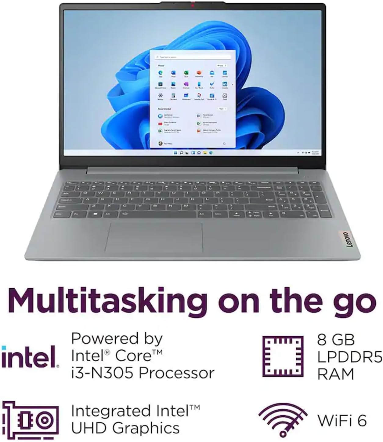 Lenovo IdeaPad Slim 3i 15.6" FHD Laptop, Intel Core i3-N305 (8-Core) CPU, 8GB LPDDR5 RAM, 128GB UFS, Intel UHD Graphics, Wi-Fi 6, SD Card Reader, Windows 11 S, Arctic Grey, EAT Laptop Foldable Stand