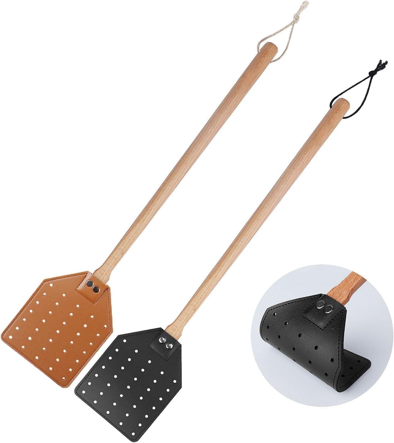 2 Pcs Leather Fly Swatter with Wood Handle, Fly Catcher Insect Mosquito Wasp Pest Control for Indoor Outdoor Home Fly (black+brown)