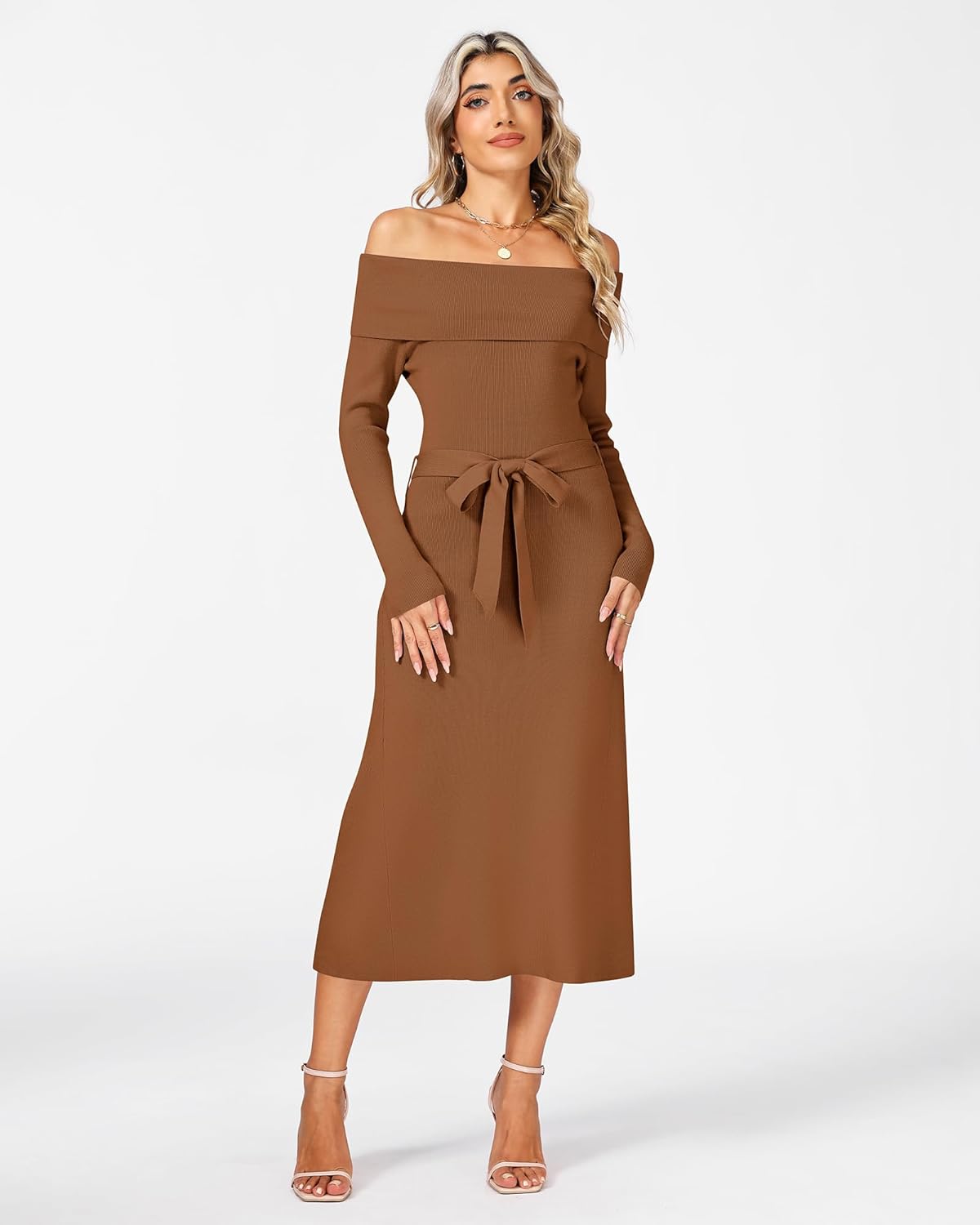 Sweater Dress for Women Fall 2025 Off The Shoulder Long Sleeve Ribbed Knit Bodycon Maxi Dresses Formal Wedding Dress - Image 3