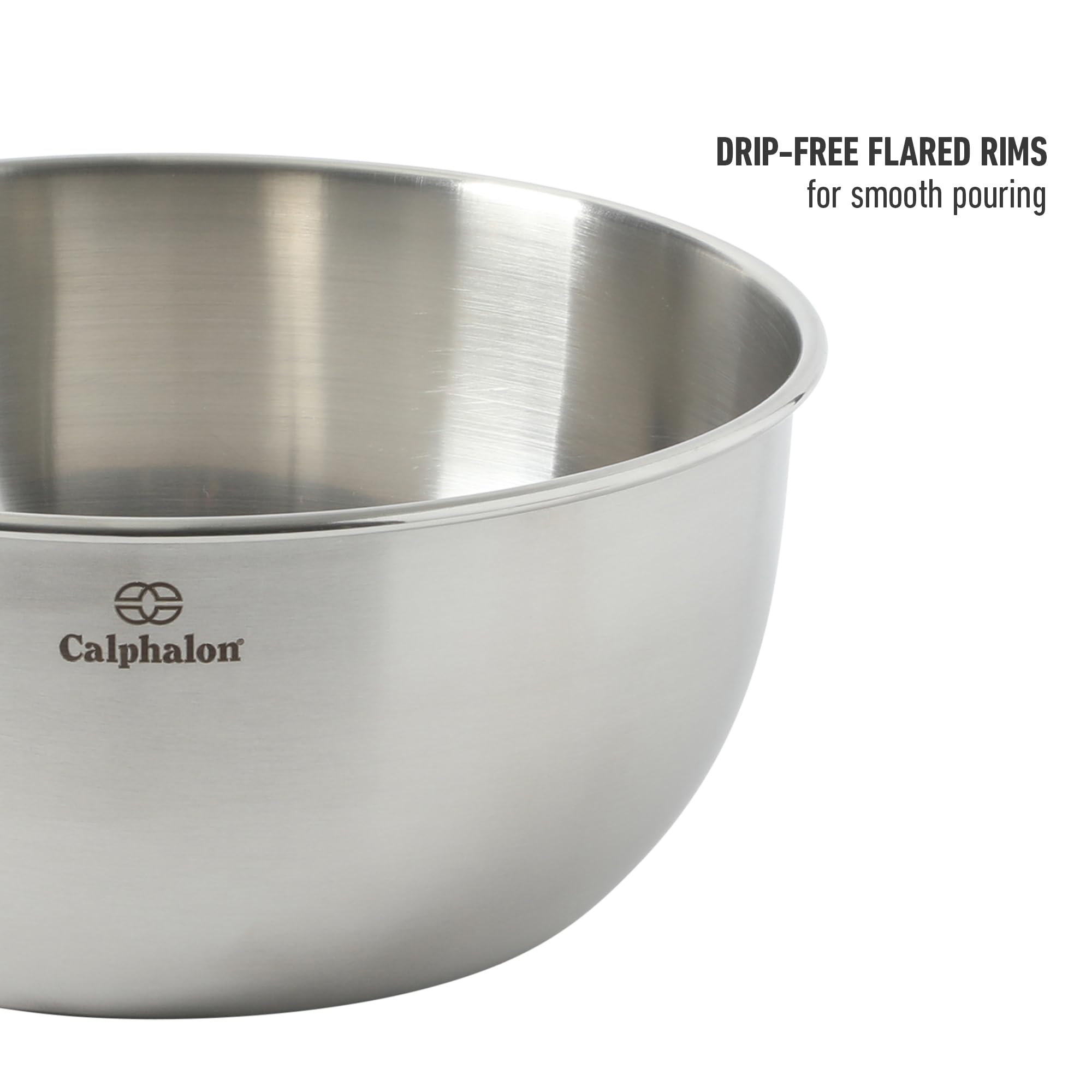 Calphalon Astro Rührschüsseln, 3-teiliges Edelstahl-Rührschüssel-Set mit mattem Finish, verschachtelte Metall-Rührschüsseln für Küche, Backen und Vorbereiten, Silber