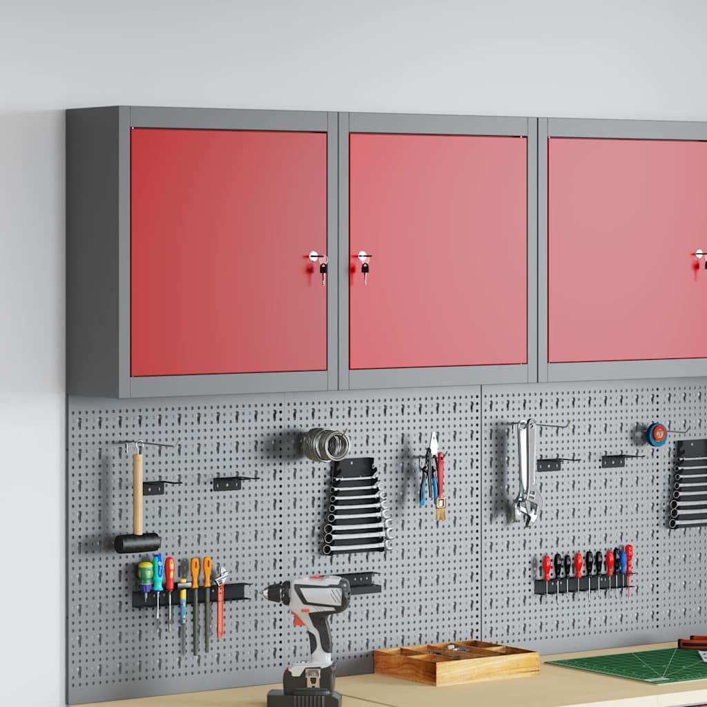 Szafka narzędziowa z regałem w kolorze czerwonym i szarym, wykonana ze stali i materiału drewnopochodnego, 50 x 20 x 55 cm, z zamkiem, regulowanymi półkami stalowymi, idealna do warsztatu