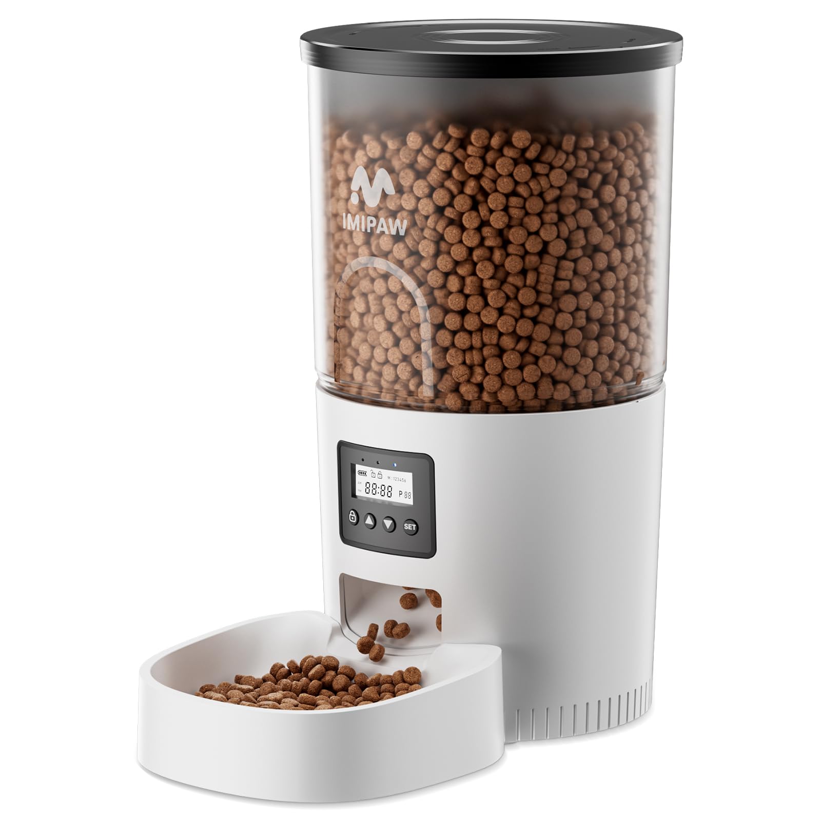 IMIPAW Distributore Automatico Cibo Gatti - 5L Dispenser Cibo Gatti con Timer Programmabile, 1-6 Pasti al Giorno, per Animali Di Piccola e Media Taglia (Bianco, 5L)