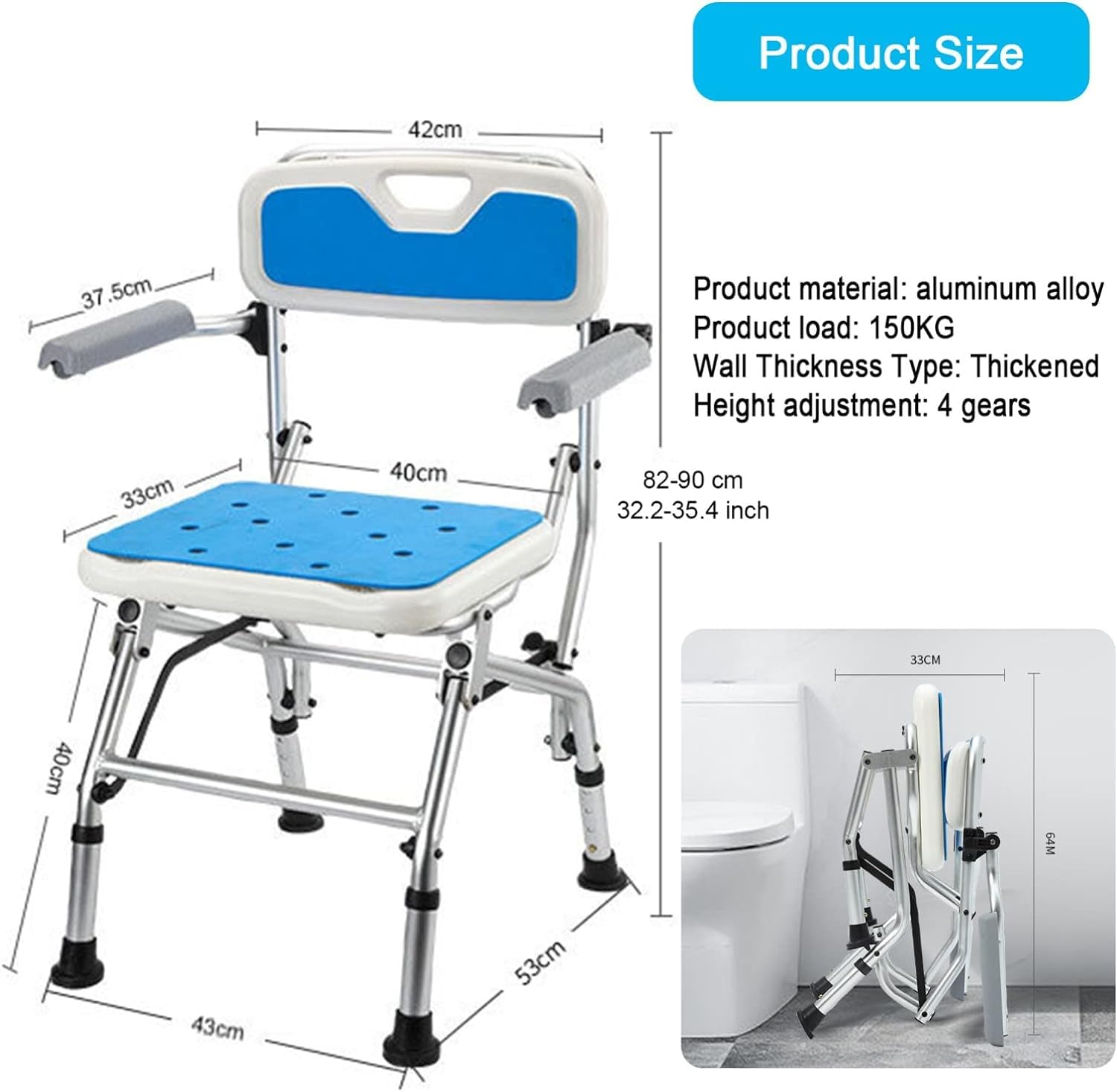 Asiento de Ducha Plegable Silla de baño Plegable con Brazos y Respaldo, for Personas Mayores, discapacitadas, Personas Mayores y Mujeres Embarazadas Silla de Ducha Ajustable en Altura 6(D)