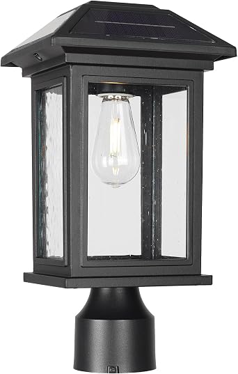 Solar Post Lights Outdoor, Waterproof Anti-Rust Black Pole Light Fixtures with Clear Glass, LED Solar Powered Lamp for Garden, Front Yard, Porch, Garage, and Patio Bulb Included