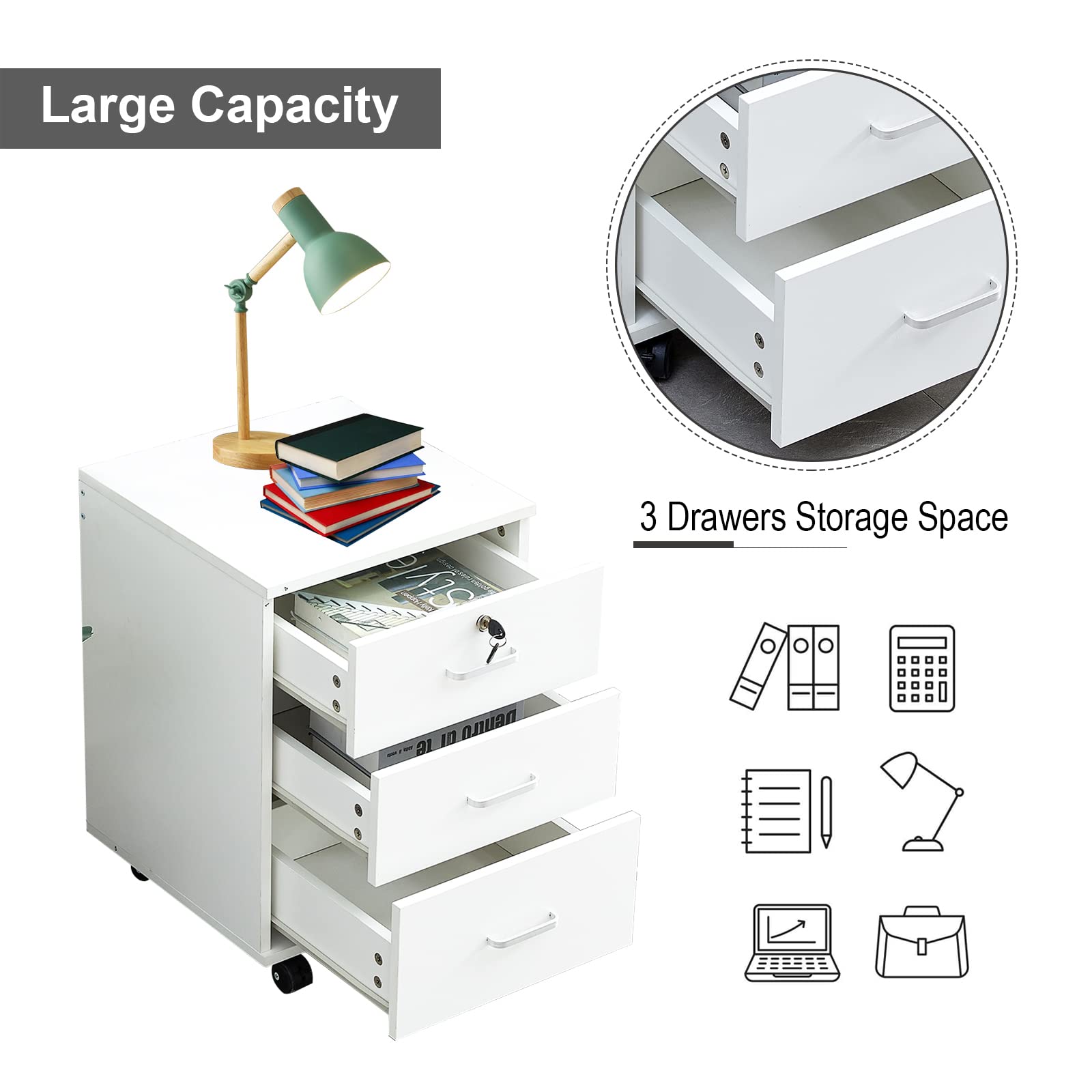 OFCASA Archivador móvil de 3 cajones con cerradura para oficina con ruedas, gabinete de almacenamiento de madera blanca para oficina en casa, 40 x 40 x 55 cm