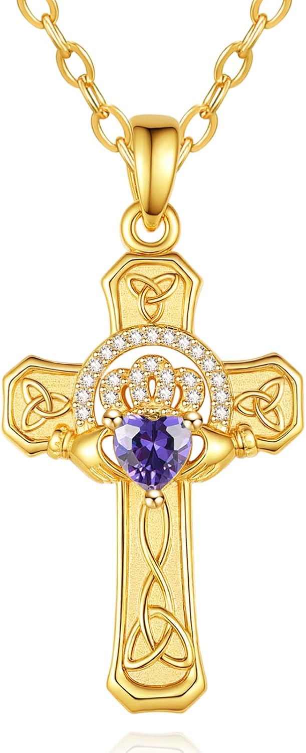 14K Gold Claddagh Cross Necklace for Women, Birthstone Celtic Knot Irish Cross Pendant Necklace Jewelry, Valentines Mothers Day Birthday Gifts for Her Mom Wife Girlfriend