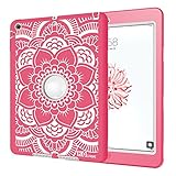 iPad Air Case, Hocase Rugged Shock Absorbent Hybrid Double Layer Hard Rubber Protective Case Cover with Stylus for Apple iPad Air (2013 Release) - Hot Pink Flower Print / Grey