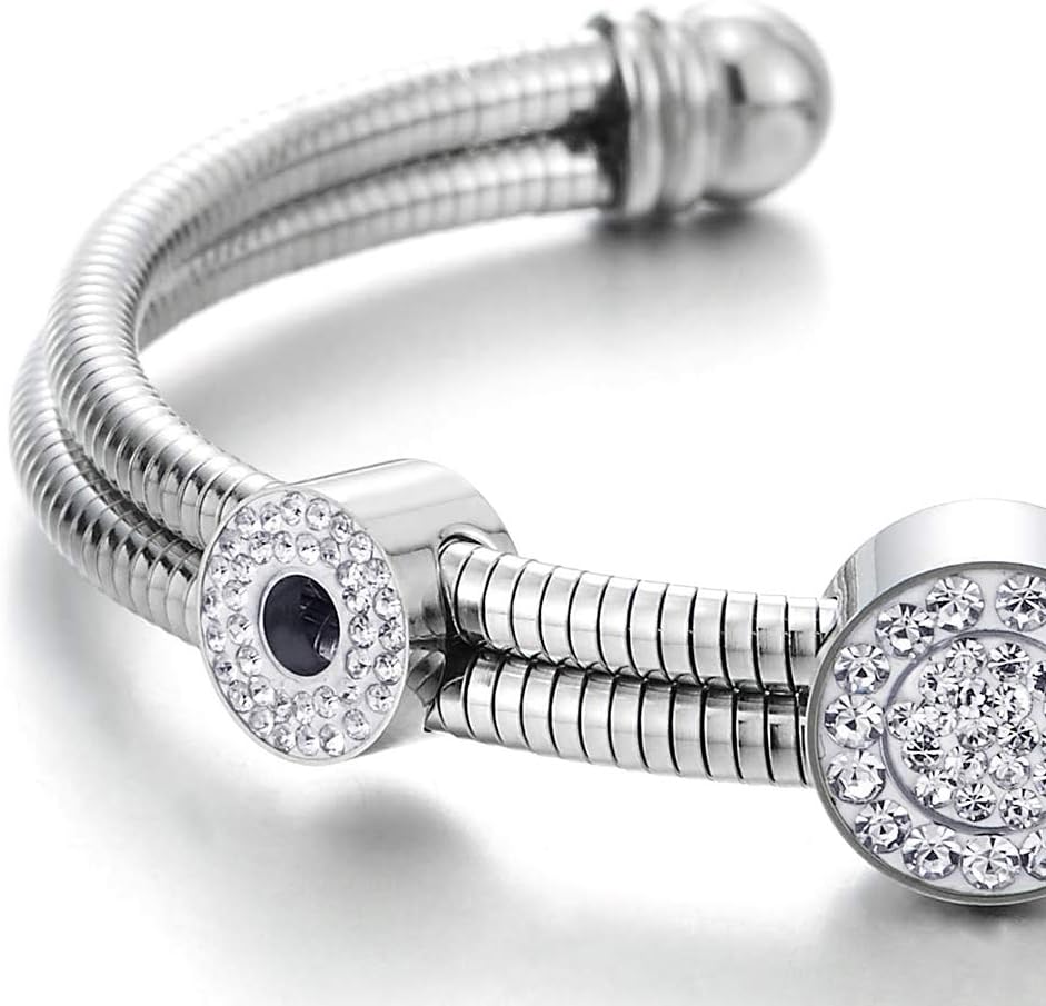 COOLSTEELANDBEYOND Two-Row Womens Steel Open Cuff Bangle Bracelet with Cubic Zirconia Circles Charms, Adjustable - Image 3