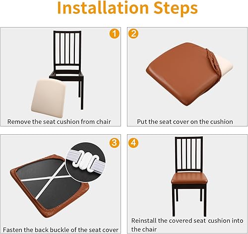Miniatura 6 de YISUN Juego de 6 fundas para asiento para silla, de piel sintética, impermeables, para sillas de comedor, fundas elásticas para sillas de comedor,