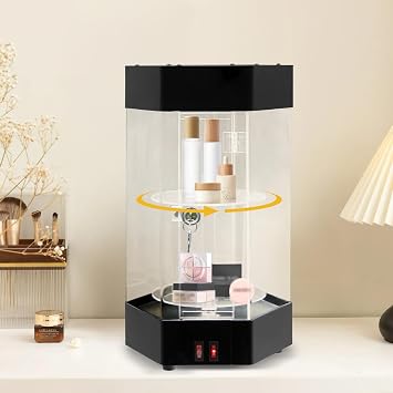 Electric Rotating Display Case Stand Lockable Jewelry Display Case with LED Light Modern Acrylic Collection Storage Display Cabinet Locking Case for Perfumes Earring Jewelry, Clear & Black