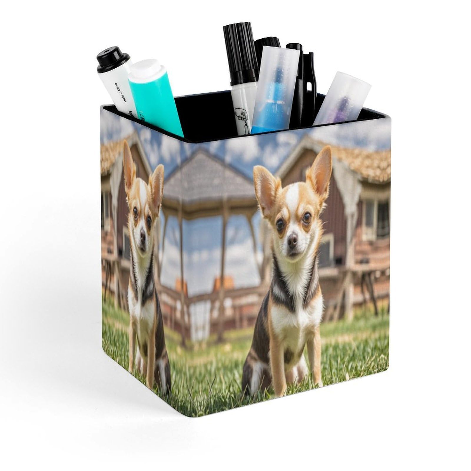 FekiLoot Farm Cute Chihuahua Pencil Holder for Desk Square Leather Pen Holder Cup Desktop Organizer Multi-Functional Pencil Cup Holders Modern Decorative Desk Organizer Caddy Makeup Brush Holders