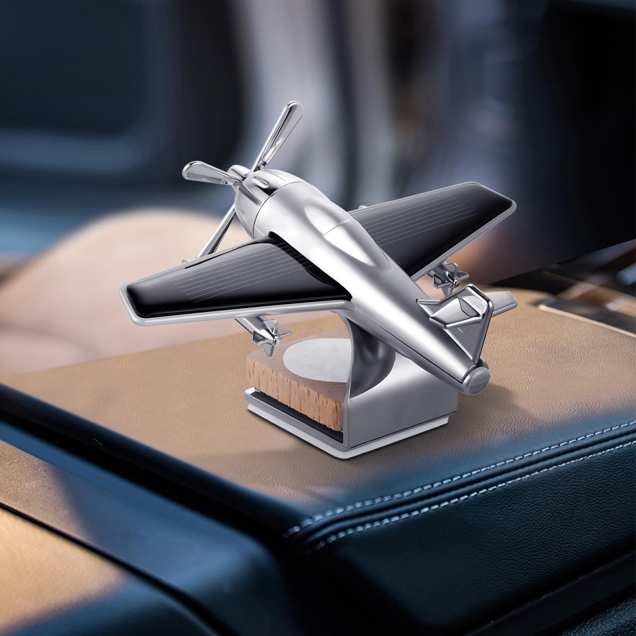 Homoyoyo Diffuseur solaire en forme d'avion, base en bois, diffuseur d'aromathérapie, alliage à énergie solaire, ornements d'avion rotatifs pour voiture, bureau, décoration d'intérieur