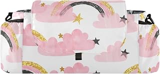 Clouds Stars Universal Stroller Organizer with Cup Holders, Pink Rainbows Stroller Organizer Bag and Removable Shoulder Strap Fits Most Baby and Pet Strollers