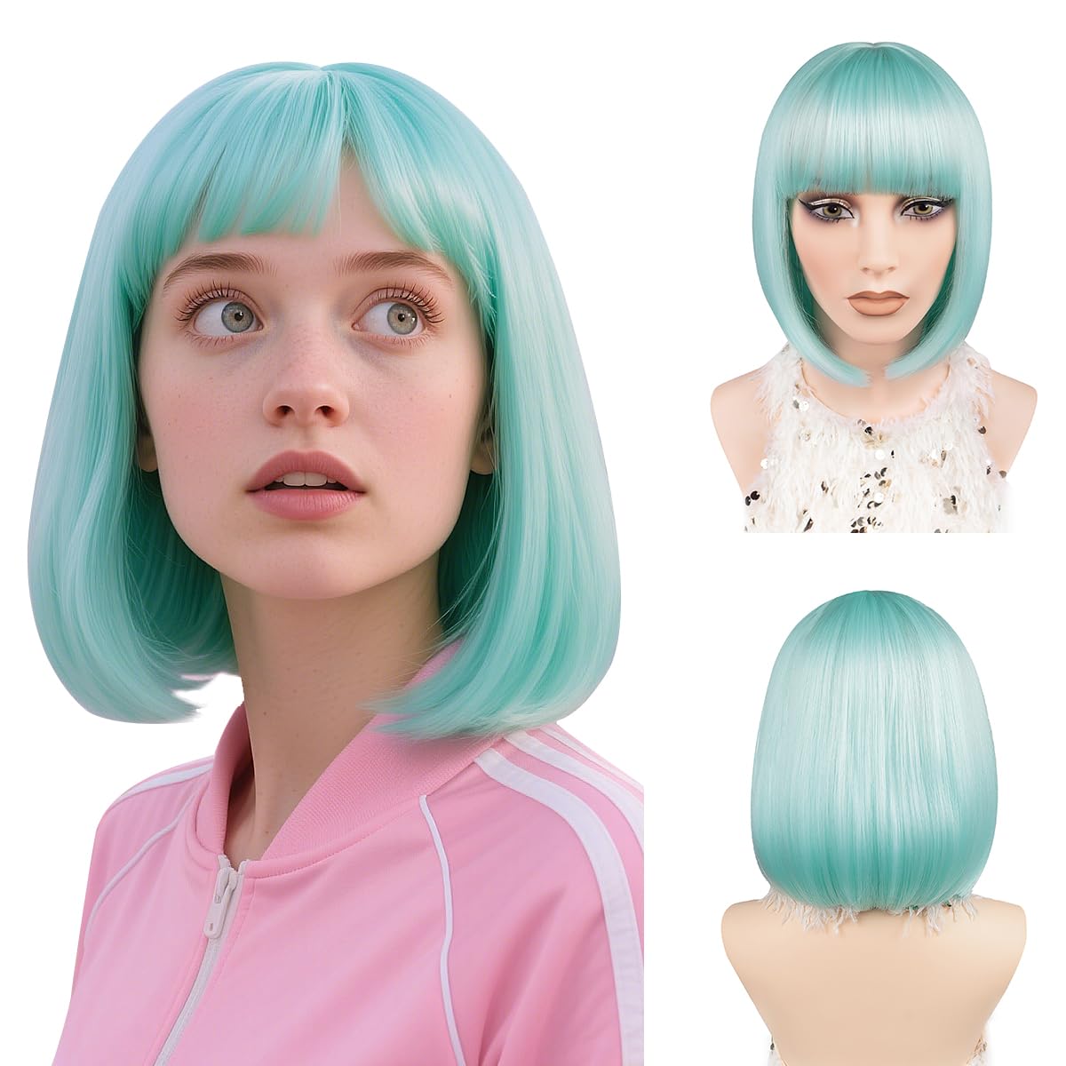 Short Bob Wigs with Bangs 12 Inch Coloured Bob Wig Heat Resistant Synthetic Fiber Straight Bob Wig for Women Girls Christmas Halloween Cosplay Party Fashion Looking (Aqua)