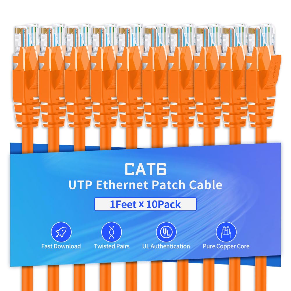 XANHAM Cat6 Ethernet Cable 1 Feet 10 Pack Network RJ45 Cat6 Internet Patch Cable, Unshielded, Orange