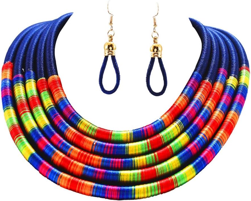 African Necklace Earrings Set Multilayer Woven Rope Choker Layered Strand Collar Statement Jewelry Accessories for Women and Girls
