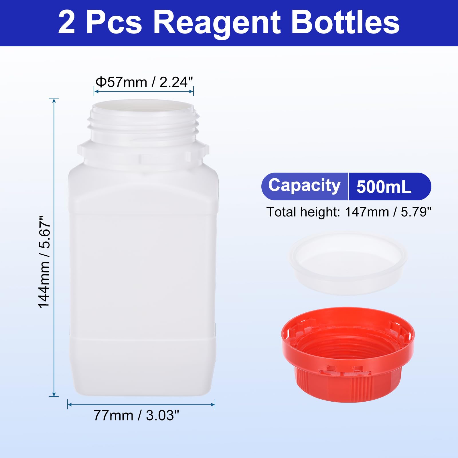 PATIKIL 2 Botellas de Reactivos de 500 ml, Botellas Cuadradas de Boca Ancha de HDPE con Tapa de Rosca para Almacenamiento de Muestras Líquidas, Sólidas, Blanco