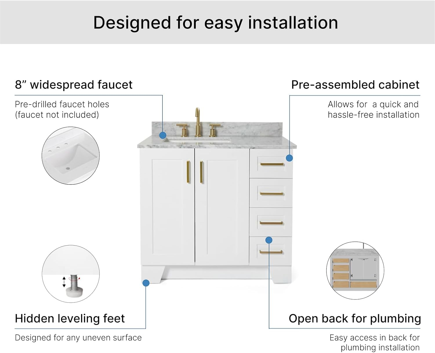 ARIEL Taylor 36-inch Bathroom Vanity with Sink,Solid Wood, 0.75-inch Italian Carrara Marble Countertop, Single Rectangular Porcelain Sink, 2 Soft Closing Doors, 5 Dovetail Drawers, White