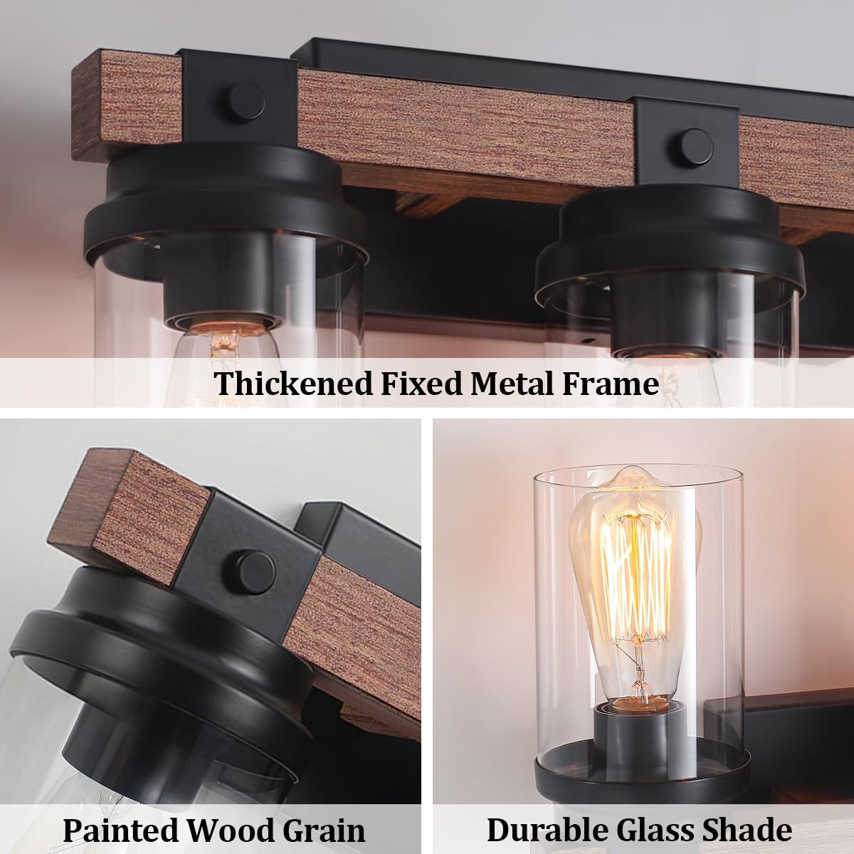 3 Light Farmhouse Vanity Light, Rustic Black Bathroom Light Over Mirror with Clear Glass Shade, Wood Grain Vintage Farmhouse Wall Sconces for Bathroom, Living Room, Hallway