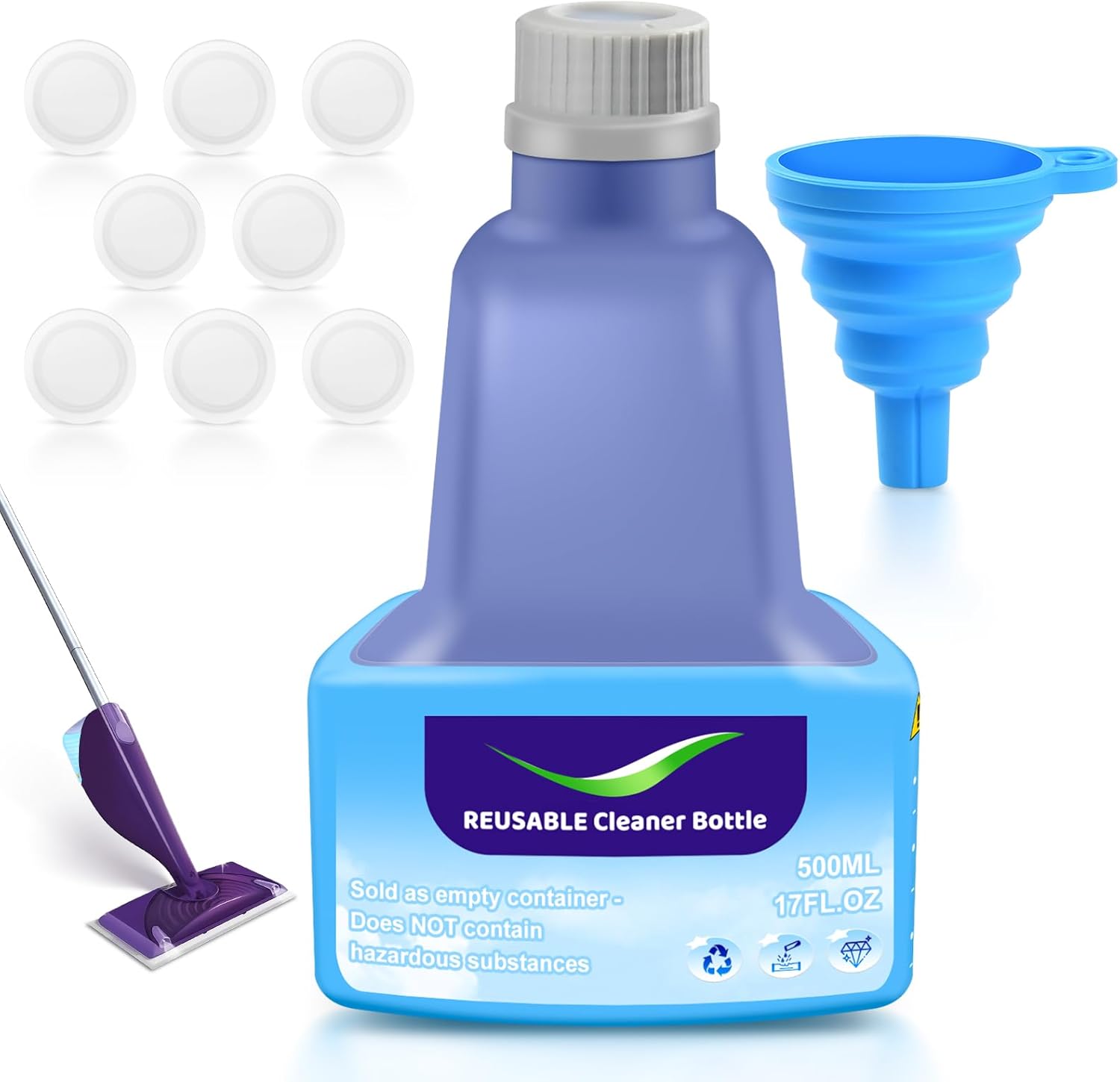 Refillable Replacement Bottle for Swiffer Wet Jet Mop, 500ml /17 oz, Empty, Leak-Proof HDPE Cleaner Solution Refill Bottle with 8 Silicone Gaskets & 1 Foldable Funnel
