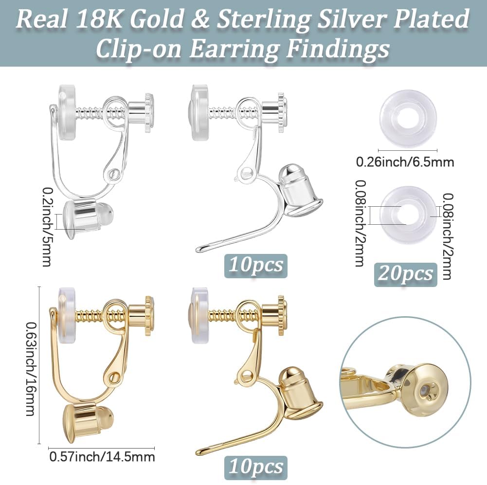 Beebeecraft 20Pcs 2 Colors Clip On Earring Converter Screw Back 18K Gold & Sterling Silver Plated Clip-on Earring Findings Components with 20Pcs Silicone Pads for Non-Pierced Ears