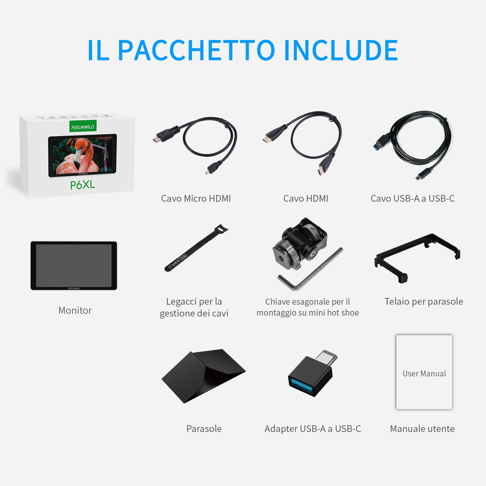 FEELWORLD P6XL Monitor per fotocamera con batteria integrata, 6 pollici 1200 nit touchscreen monitor da campo DSLR con forma d'onda 3D LUT HDR 4K HDMI e involucro in alluminio