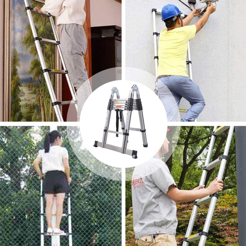 Escaleras Telescópica de 3,8M, Escalera Plegable Portátil con Marco en A, Escaleras Extensibles de Acero Inoxidable, Escalera Antideslizante Multiusos para el Hogar, Capacidad de Carga 330lbs