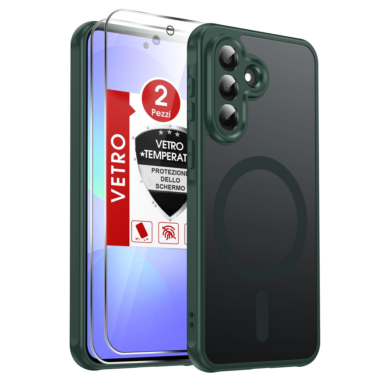 LeYi Cover Magnetica per Samsung Galaxy A37 5G con 2 Pezzi Vetro Temperato, Custodia per A 37 Traslucida Opaca Anti-Impronte Resistente ai Graffi Paraurti in TPU Antiurto Protettiva Case, Verde